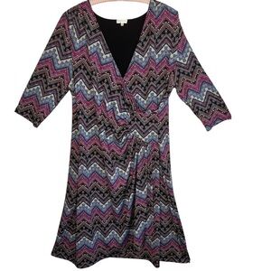 Kiyonna Womens Aztec Print 3/4 Sleeve V Neck Midi Length Dress USA Size 2X 18 20